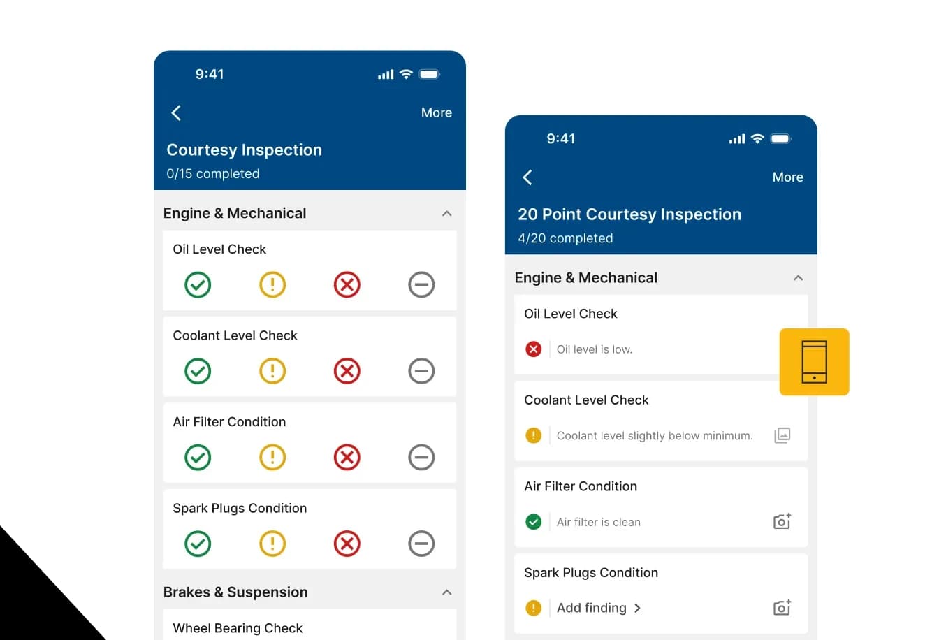 A digital courtesy inspection on a phone, each item marked green, yellow or red with the technician's notes attached